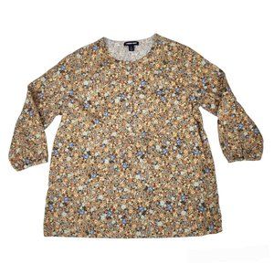 Lands End Womens Top Ditsy Floral L 14-16 Half Button 3/4 Sleeve Peasant Boho